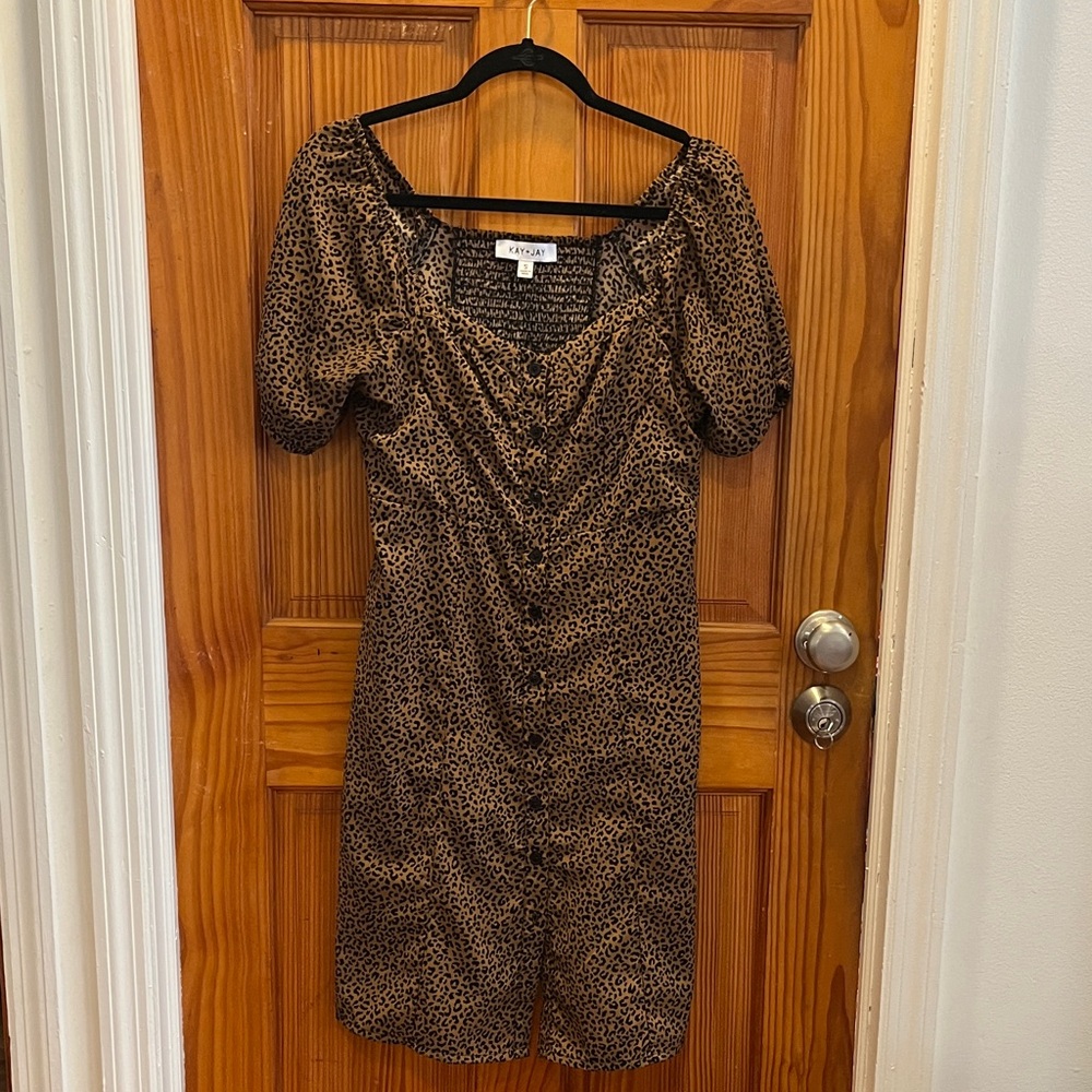 Smocked leopard print button up midi dress